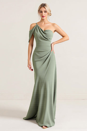 Olive One Shoulder Ruched Chiffon Sheath Long Bridesmaid Dress